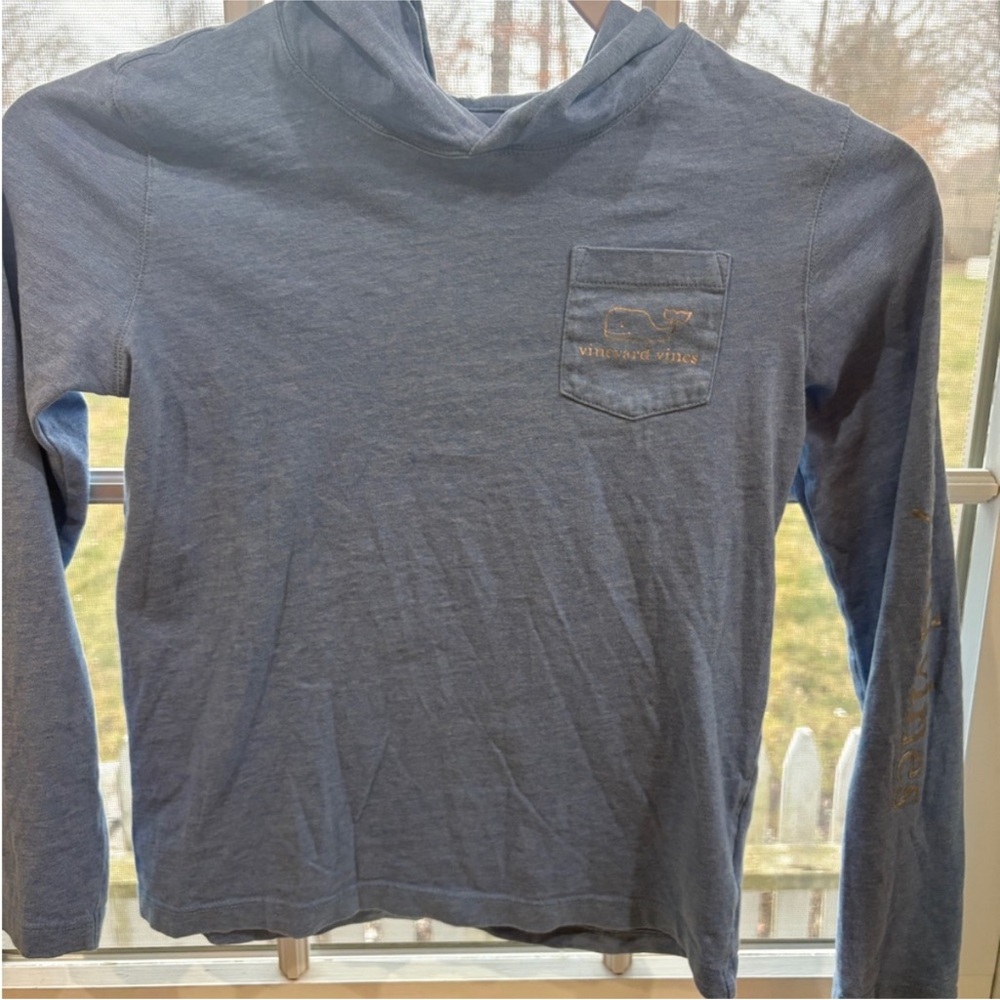 Vineyard Vines Kids Slate Blue Hooded Long Sleeve Pocket Tee